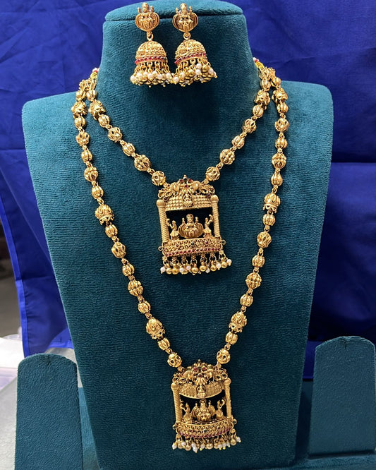 EvenicBuy Twin Temple Pendant Long Haram Set with Jhumka Earrings