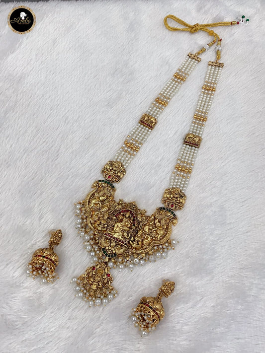 EvenicBuy Temple Heritage: Goddess Lakshmi Antique Necklace Set with Pearl Beads