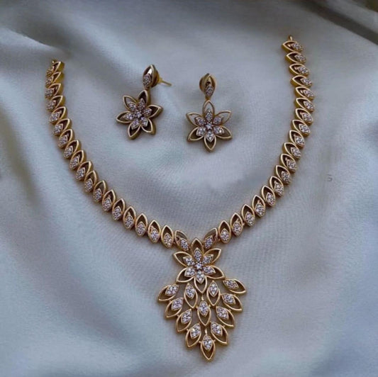 EvenicBuy Elegant Floral CZ Necklace Set in Gold Finish